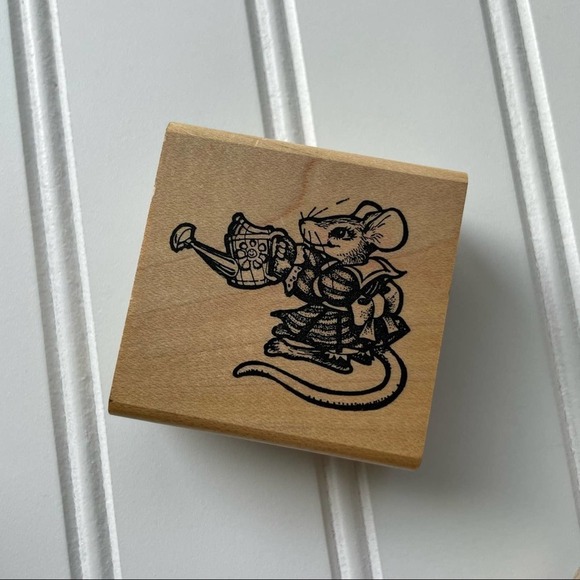 Vintage Wood Block Rubber Stamp Hamilton Arts Mouse Water Can - Picture 2 of 6